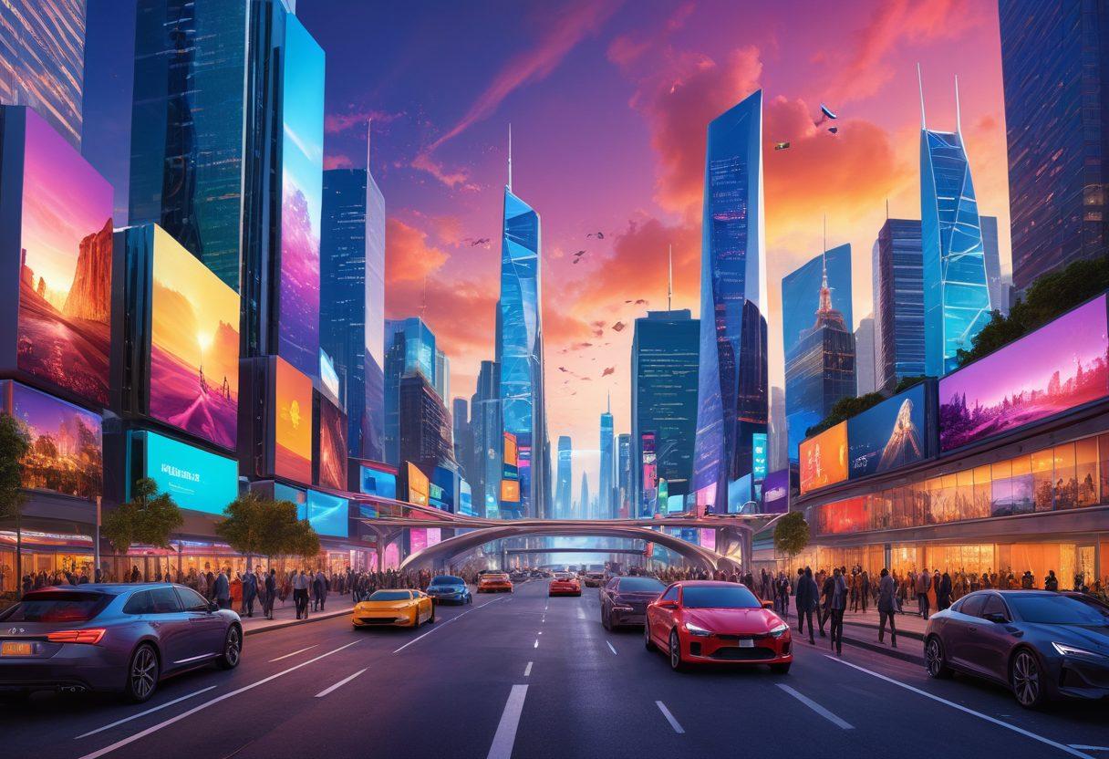 A futuristic digital landscape depicting diverse people interacting with interactive screens displaying blogs and content. Each person represents different cultures and backgrounds, showcasing collaborative writing and content creation in vibrant colors. The background features a city skyline blended with technology elements, symbolizing innovation and community. super-realistic. vibrant colors. technology-themed.