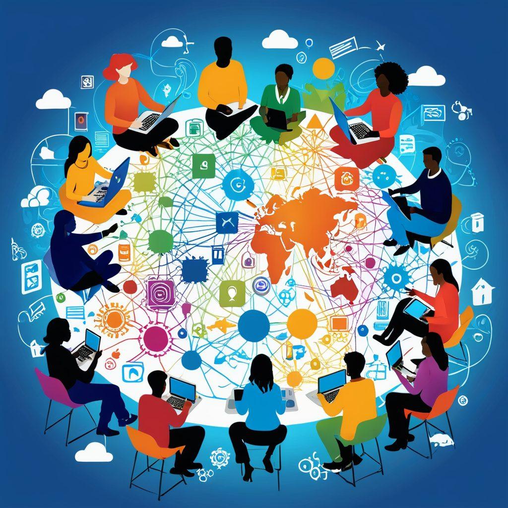 A vibrant, interconnected web of diverse individuals collaborating on a blog, featuring various backgrounds and cultures, sharing ideas and writing on digital devices. In the background, a colorful digital landscape symbolizes creativity and community power. Various blog elements like comments and participatory icons float around, emphasizing engagement. super-realistic. vibrant colors. white background.