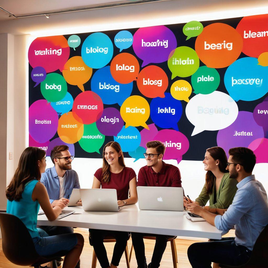 A diverse group of people engaging around a large digital screen displaying a blog platform, showcasing their contributions. Each person is interacting with their device, surrounded by colorful speech bubbles symbolizing ideas and discussions. The setting is modern and inviting, with warm lighting and inspirational quotes on the walls. Include elements of technology and creativity, representing the collaborative spirit of blogging. super-realistic. vibrant colors. modern design.
